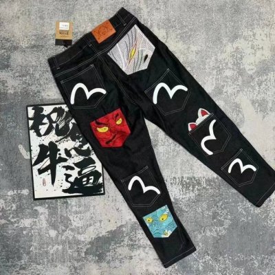 oc-556 Evisu招财猫牛仔长裤Evisu 福神牛仔裤 情侣款特供中山原厂原浆牛仔，面料环保，做旧拼接元素，和带有欧美风格的腰果花组合，与M的完美结合、个