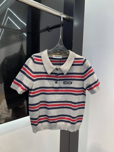 miu Miu25早春新款翻领字母Logo贴布条纹撞色休闲针织短袖 Sml