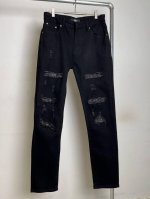 高端］款号：A017 上新 Amiri Mx1 拼皮 高街牛仔裤修身弹力水洗刀割破洞长裤Fog高街男潮 Amiri黑色拼皮牛仔裤 宁波水洗大厂操刀 正面 背面