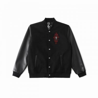 Chromehearts 新款 克罗心马蹄十字架棒球服外套 定制毛呢面料 拼接pu皮袖 重工设计 独家定制十字架金属装饰 暗黑风十足 宽松版型 男女穿都非常帅气