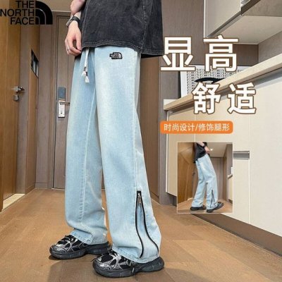 北面The North Face春季新款，男士经典潮流裤脚侧拉链水洗牛仔裤。男士显瘦显高百搭喇叭裤，薄款牛仔休闲裤！ 颜色:蓝色 尺码:M-4Xl