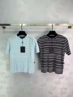 Louis Vuitto*2025新品上架 条纹圆领针织短袖 定制Yb羊毛纱线织造 质感高级舒适 常规针织短袖剪裁 两袖和衣摆装点波浪花边造型 搭配通体蓝白相间