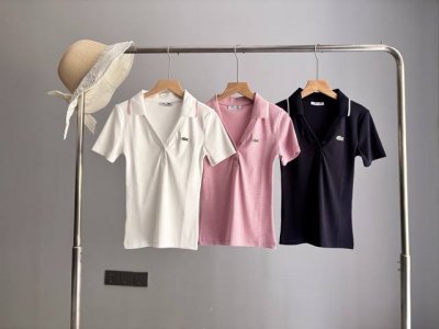 lacoste法国鳄鱼女装25春季新款修身V领短袖Polo衫 Df2431 颜色：白色 粉色 藏青色 尺码：36 38 40