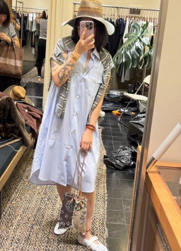 scai学院风双肩压褶无袖条纹口袋连衣裙 叠穿也Ootd Sml