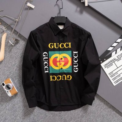 新款Gucci古驰新款红绿双环印花对格大Logo纽扣衬衫 超有质感的黑色衬衫简直太好看！哭泣图案太经典高级了～氛围感十足 棉质绸缎面料超有垂感 外穿内搭都Ove