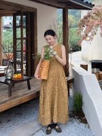 爆款推荐！天丝亚麻连衣裙提花无袖背心裙夏季新款中长裙大摆花苞裙。Smlxl
