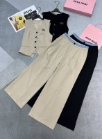 高品质Miumi* 25Ss 新款马甲长裤套装 皮字母刺绣装饰 拼接格子腰头 时尚大方 两色三码Sml