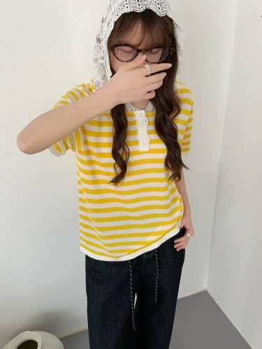 时尚蕾丝连帽修身显瘦短袖T恤潮上衣 图色均码 天丝