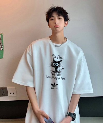 260G重磅纯棉 Adidas Originals 三叶草 阿迪达斯 Ad 电击线条猫 I'm Fine 复古短袖T恤 男女同款 半袖 情侣款 面料工艺： 1.