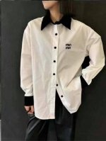 Miu家撞色polo领胸前经典刺绣字母设计感百搭中长款宽松洋气衬衫 一色三码Sml 面料:抗皱棉