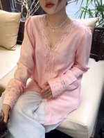 高端100%苎麻蕾丝花边纯手工重工钉珠时尚气质V领长袖衬衫女上衣春新款 三色 白色 粉色 黄色 S M L Xl