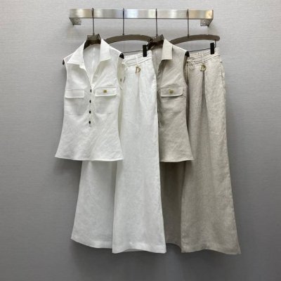 di*25Ss 气质V领修身背心上衣阔腿长裤套装，高级面料，颜色:图片2色，面料：亚麻面料 Smlxl