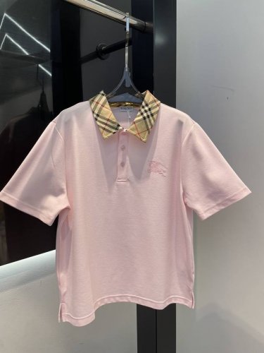 Burberr* 格纹衣领棉质 Olo衫 翻领粉色纯棉女士短袖上衣出货，定制对格纹领子，现货Sml
