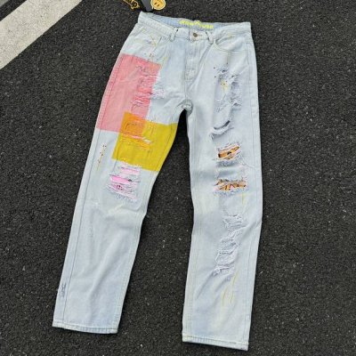 D40 Drew House 泰迪熊笑脸牛仔裤破洞宽松高街泼墨男女休闲直筒牛仔 颜色：蓝 码数：28 30 32 34 36 对应S-Xxl 面料采用纯棉12.