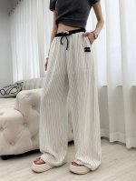 Miumiu 缪缪 撞色棉麻休闲裤 撞色抽绳宽织带尽显高级感 视觉盛宴 定制刺绣 宝蓝色 白色 尺码 S M L S 80-95斤 M95-110斤 L 110