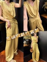 套装 重磅铜氨丝套装 高品质 御姐范领口拼接蕾丝女人味十足套装 欧洲站2025新款时尚V领铜氨丝纯色百搭休闲马甲女宽松显瘦套装Smlxl