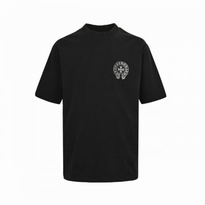 chrome Hearts 克罗心 烫银马蹄做旧针织领拼接短袖 采用直喷进口机器印花 五金辅料均开磨定制 正确配置 黑色2025克罗心正品包装 克定制定染双纱棉