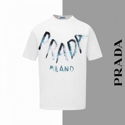 款号#Z74 普拉达涂鸦字母项链印花圆领短袖 prada官网一致款式 面料 32支双纱280克纯棉面料 同缸同色织染螺纹 颜色一致 工艺 进口机器白墨直喷印花