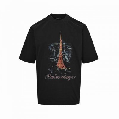 balenciaga 巴黎世家 铁塔印花短袖 前后片直喷印花磨烂水洗重磅300克做旧短袖T恤 天花板品质 正确300G定织定染纯棉双纱面料 定染螺纹无色差 进口