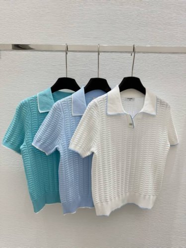 Ch家 早春新款 拼色翻领Logo针织短袖 颜色：白色 蓝色 绿色 尺码：36.38.40