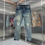 Amiri 破洞拼皮字母刺绣工艺街头潮流修身小脚弹力牛仔裤 颜色 蓝色 码数 30 32 34 36 38