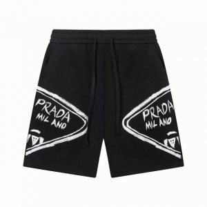 prada 普拉达 白墨涂鸦印花字母Logo标识刺绣 五分裤 高品质纯棉 面料 特别手感 超级质感 舒适柔软透气 休闲宽松版型 潮流男女同款 短裤 颜色 黑色