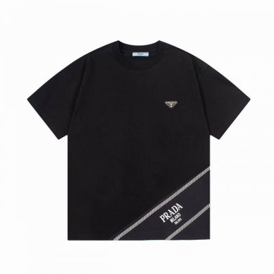 套装款！prada 普拉达 2025新款 梭织拼接 定制三角字母Logo 男女同款 短袖T恤 定制320克100％双纱纯棉面料 定染32支双股螺纹 领标吊牌主唛