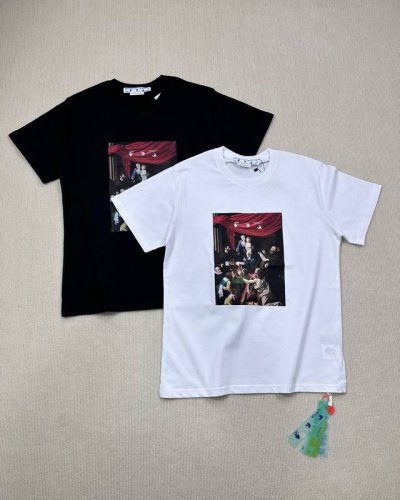 顶级版本上新 O20# -Off-White Ss24独家重工 新款Ow宗教系列文艺复兴油画图案Virgil Abloh箭头警戒线印花高街复古短袖T恤 男女同款