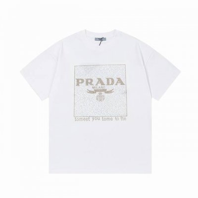 高版本 prada 普拉达 2025早春新款 定制310G双纱纯棉面料 拼色烫珠字母Logo 男女同款 短袖T恤 颜色：白色 尺码：S-Xl