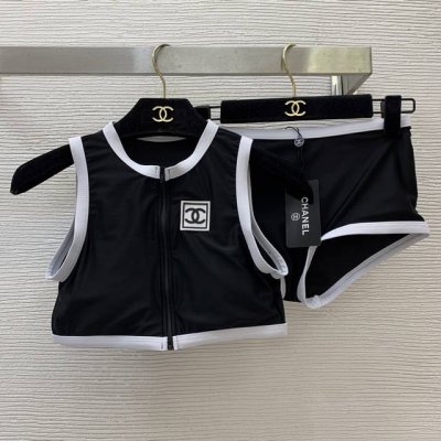 款号D25042619 Chane*新款 撞色包边高弹力分体泳衣套装！小香中古风硅胶Logo前拉链修身无袖背心 带胸垫 高腰三角裤内裤！黑色， ，