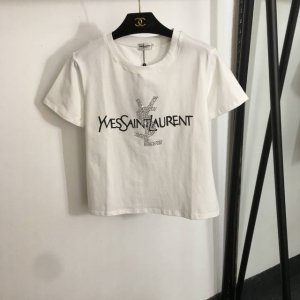 款号20253290 Ysl*新款 烫钻Logo印花短袖T恤 白色 Sml M码 肩宽39 胸围94 袖长18 衣长55