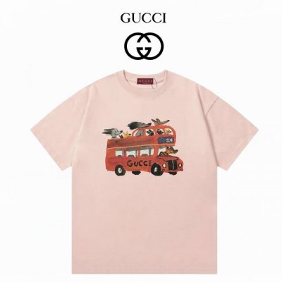 Gucci古驰 趣味卡通动物巴士 数码直喷工艺 280克双纱短袖 粉色 Xs-L