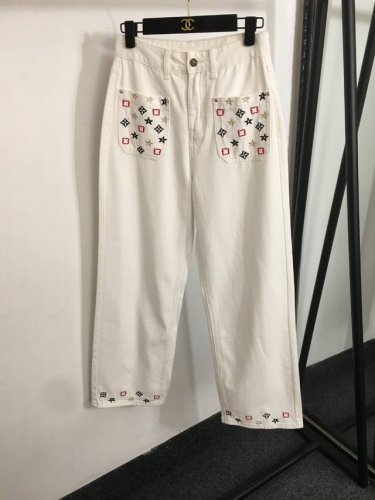 款号20252258 Lv*新款 彩色老花Logo刺绣口袋高腰阔腿牛仔长裤，白色，S-Xl， M码；腰围70，长104