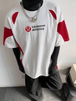 新款Lululemon 露露插肩撞色拼接Ins 领口螺纹针织情侣同款宽松落肩短袖T恤 面料: 300G重磅纯棉新疆长绒棉 采用特定重磅32S精棉平纹针织面料，3