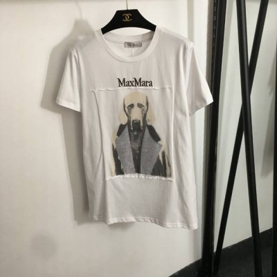 款号20252560 Maxmar*新款 闪耀烫钻狗狗印花贴布 刺绣Logo短袖T恤，白色，咖色，黑色，Sml， M码；肩宽40，胸围100，袖长18，长71