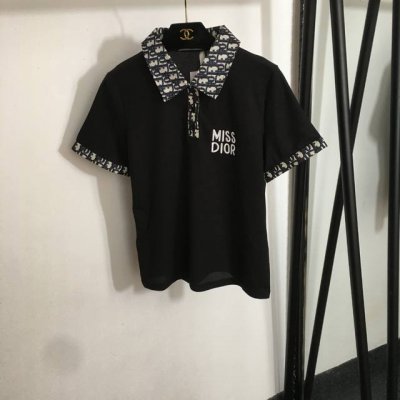 款号20252419 Dio*新款 Miss刺绣Logo 老花polo领短袖T恤上衣，白色，黑色，Sml， M码；肩宽38，胸围94，袖长20，衣长57