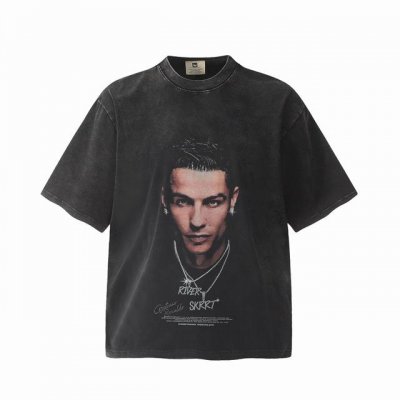 Vt935 足球巨星C罗克里斯蒂亚诺 罗纳尔多 Cristiano Ronaldo Big Face人像复古水洗做旧短袖T恤 小领口设计 白墨数码直喷印花 高街