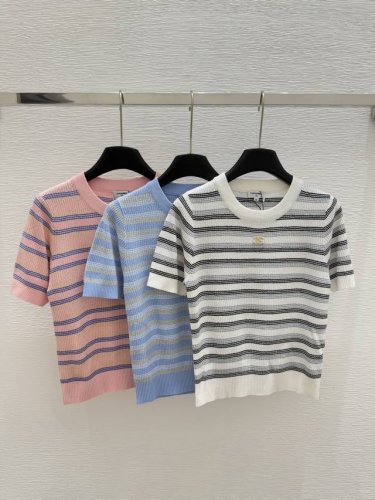 Ch家 早春新款 圆领撞色条纹针织短袖 颜色：白色 蓝色 粉色 尺码：36.38.40