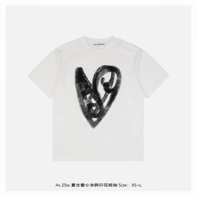acne Studios 25Ss 复古爱心涂鸦印花短袖 面料采用 克重精梳棉 定制32支1*1螺纹 成衣两遍水洗处理 面料舒适亲肤无异感 定制定染面料 纺织密