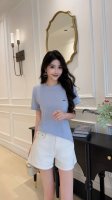 上衣 蓝色 杏色 Smlxl4个码 ~2025夏季新款棉麻小众设计字母后背拼蕾丝韩版休闲短袖宽松上衣 百搭休闲 时尚洋气 减龄甜美 S码尺寸:胸围100衣长56