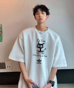260G重磅纯棉 Adidas Originals 三叶草 阿迪达斯 Ad 电击线条猫 I'm Fine 复古短袖T恤 男女同款 半袖 情侣款 面料工艺： 1.