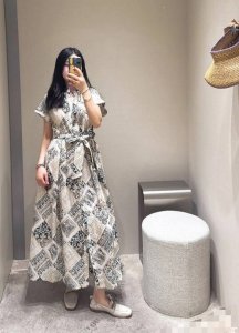 迪奥同款纯棉印花连衣裙 热带岛屿度假风长裙Smlxl