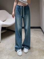 miumi*25Ss春夏新品 字母烫钻抽绳渐变色牛仔裤丨独家高版出品！重工洗水渐变蓝色 以及独特剪裁 上身绝对王炸牛仔裤 裤型质感真的绝了高腰宽松的版型 恰好的