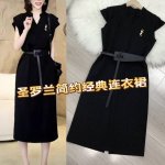 连衣裙 圣&罗&兰简约黑色连衣裙夏季新款气质V领设计感显瘦中长裙 配腰带，配胸针 ，面料：300克天丝罗马，黑色四码Smlxl