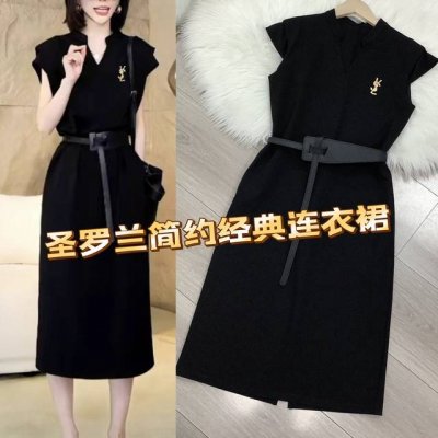 连衣裙 圣&罗&兰简约黑色连衣裙夏季新款气质V领设计感显瘦中长裙 配腰带，配胸针 ，面料：300克天丝罗马，黑色四码Smlxl