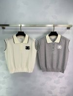 Chane*小香针织翻领背心 白色和灰色两款 双C刺绣设计 夏天穿超舒服 简约大方款 随意穿都好看 2色3码Sml T226B