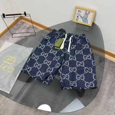 Gucci 古驰满印提花双G牛仔短裤五分裤-品牌标志由两个字母G组成的对称图案，辨识度很高 -面料订制订染，耗时之久，费时费工，正品购入，完美还原原版-面料采用