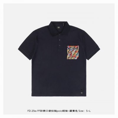fendi 芬迪 25Ss Ff彩绣口袋拉链polo短袖-藏青色 原版 G全棉珠地面料 前胸口定位 车工口袋形狀 口袋19个F撞色线刺绣 后幅刺绣 Ff 图案