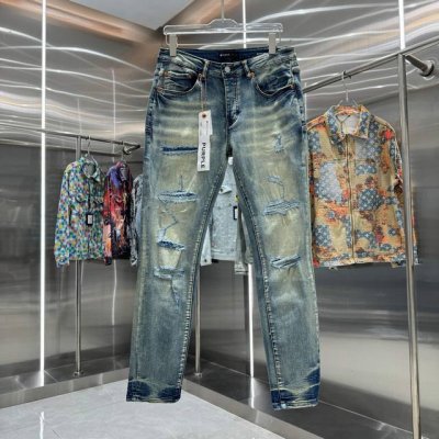 pur D ple Brand 破洞磨破工艺街头潮流修身小脚弹力牛仔裤 颜色 蓝色 码数 30 32 34 36 38