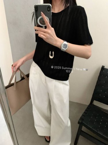 后背蕾丝圆领短袖